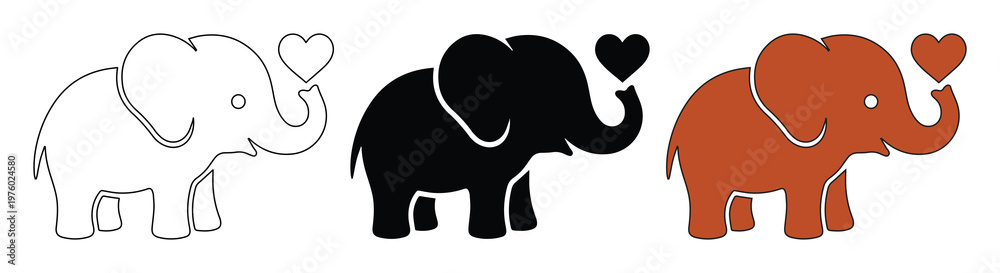 Obraz premium Cute elephant icons with heart, minimalist baby elephant vector set, 3 cartoon elephant silhouettes for nursery decor and logo design