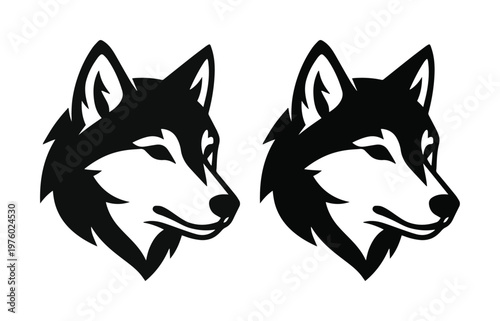 Minimalist wolf head vector illustration, black and white husky mascot profile, stylized canine predator logo set for sports and branding
