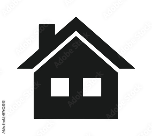 Minimalist house icon vector, black silhouette of a residential building with chimney, simple home symbol for real estate and navigation apps