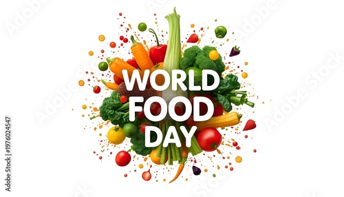 A vibrant illustration celebrating World Food Day with a colorful array of fresh vegetables and fruits