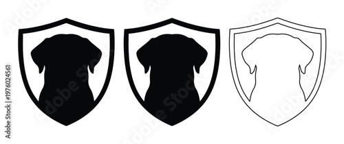 Dog head silhouette shield logo set, black canine pet security emblem icons, minimalist animal protection crest vector graphics for veterinary branding
