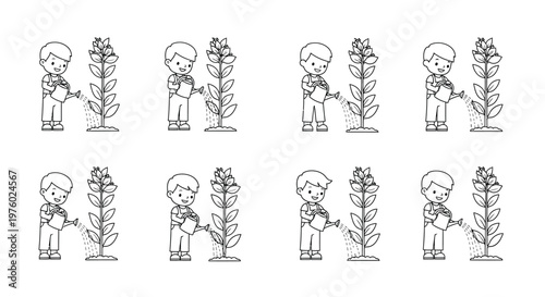 Children watering plants in a repeating pattern black and white illustration