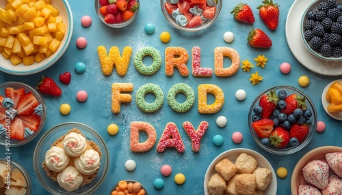 A vibrant spread of food for World Food Day celebration with various dishes and sweets