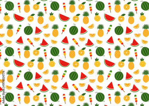 Diseño repetido con frutas tropicales como piña, sandía y cítricos.
