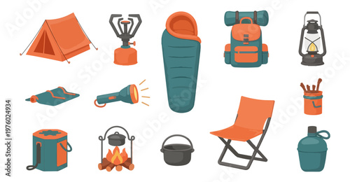Camping equipment icons on black background for design