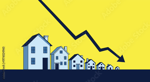 Real estate market decline shown by houses decreasing in size with a downward red arrow on yellow background.