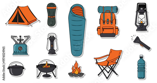 Camping equipment set illustration against black background
