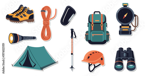 Hiking equipment illustration backpack boots compass tent binoculars isolated