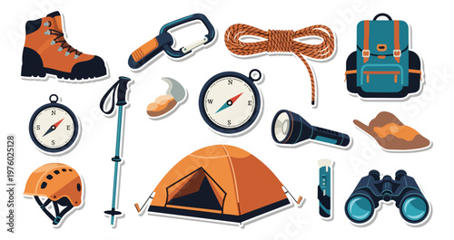 Illustrated hiking and camping equipment collection on dark background