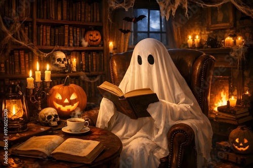 Ghost Reading Book in Cozy Halloween Library