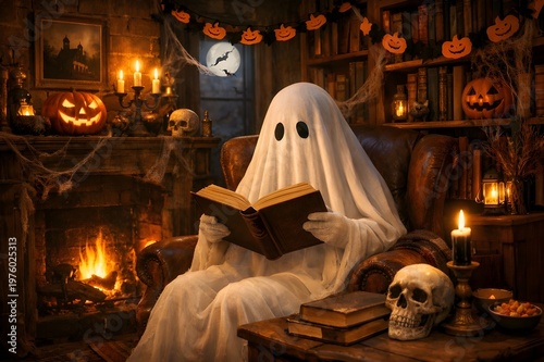 Ghost Reading Book in Cozy Halloween Library