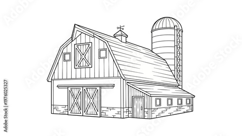 Classic Farm Barn and Silo Outline Illustration for Rural Theme