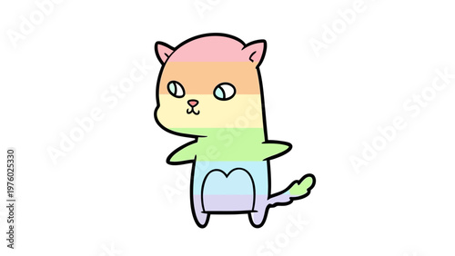 Cute rainbow striped cartoon cat standing on white background