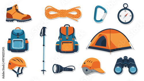 Outdoor adventure equipment collection illustration on black