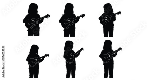 Silhouette pattern of children playing ukuleles repeated in a grid formation