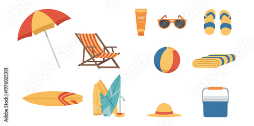 Summer beach vacation essential items isolated on black background