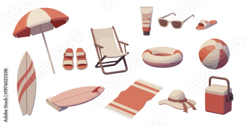Summer beach vacation set of objects isolated on black background