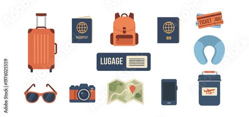 Travel and vacation icon set illustration on black background