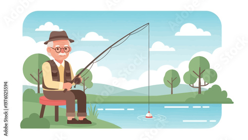 Senior man enjoys a relaxing day fishing by the lake.