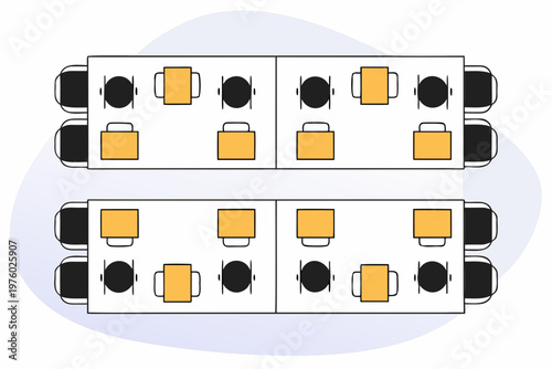 Top-down vector illustration depicting a modern open-plan office workspace layout with multiple desks and chairs for collaborative work environments.