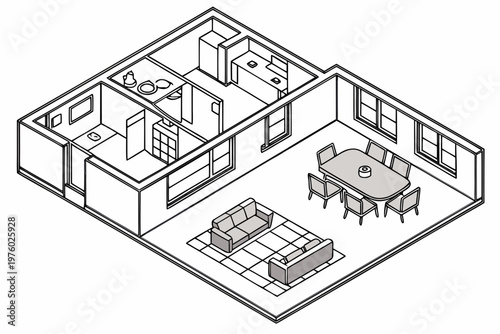 Detailed isometric vector graphic illustration showing a modern floor plan layout of a residential home featuring various furnished living spaces