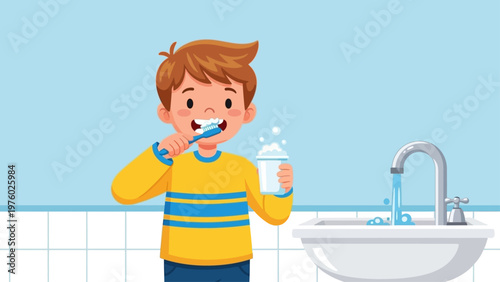 Cute cartoon boy brushing his teeth at the bathroom sink