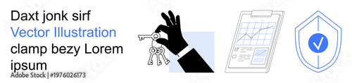Security, data analysis, access control, verification, financial tracking, and protection. Hand holding keys, a data chart on a clipboard and a shield with a checkmark. Security and data analysis