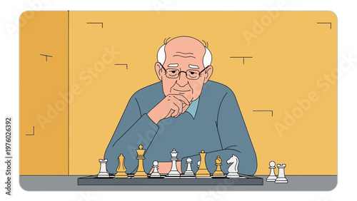 Elderly Man Deep in Thought During a Strategic Chess Game