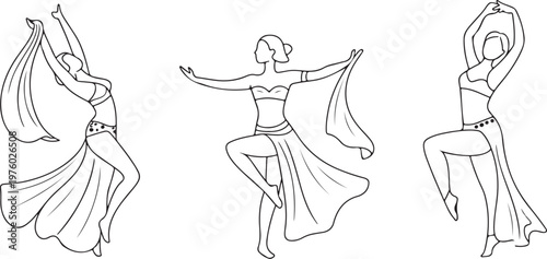 Set of woman performing belly dancing Female Dancer Line Art Set