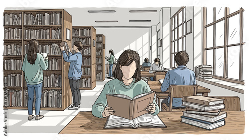Students reading books in a library with tall bookshelves and large windows.