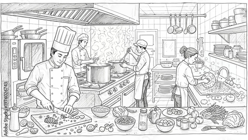 Professional chefs working together in a busy restaurant kitchen.