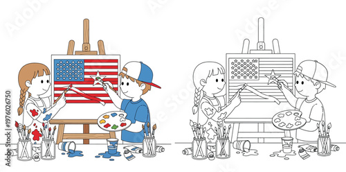 Cute Kids Artist Painting USA Flag for Independence Day, Patriotic Cartoon Vector Illustration and Coloring Page for Children.