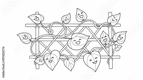 Happy cartoon leaves climbing on a garden trellis, perfect for coloring.