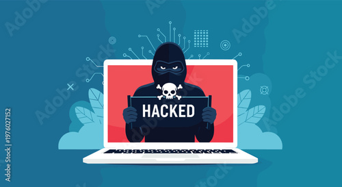 Cyber security breach concept showing laptop screen with hacked message and masked thief for data theft awareness.