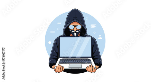 Anonymous hacker wearing a hoodie and mask holding a laptop computer for cyber security and digital crime concept.
