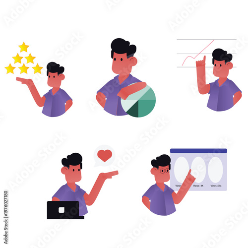 Flat Illustration of Content Creator with Different Topics on White Background