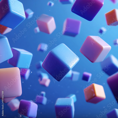 abstract cubes in blue void, tumbling gradient cubes, floating colorful cubes in space