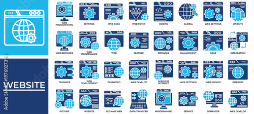 Website icon set collection. Containing www, operation, transfer, cog, progress, seo, globe .Solid vector icons collection
