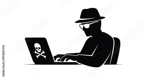 Silhouette of a cyber criminal wearing a hat and glasses using a laptop with a skull icon for hacking and data theft.