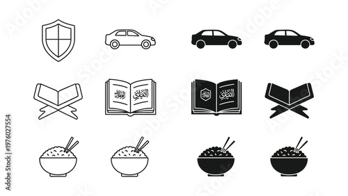 Diverse Icons: A collection of meticulously crafted icons, featuring a shield symbolizing protection, sleek cars representing transport, an open book hinting at knowledge.