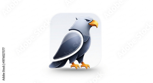 Gray bird with yellow beak and feet standing on white background looking right sharp claws and detailed feathers visible symbolizing freedom and strength