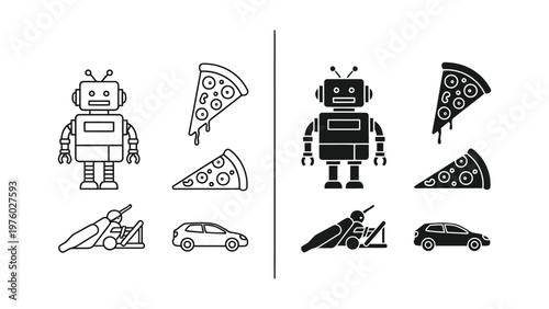 Digital Composition: An illustrative composition merges elements of technology and sustenance, showcasing a robotic figure alongside slices of pizza and a stylized vehicle.