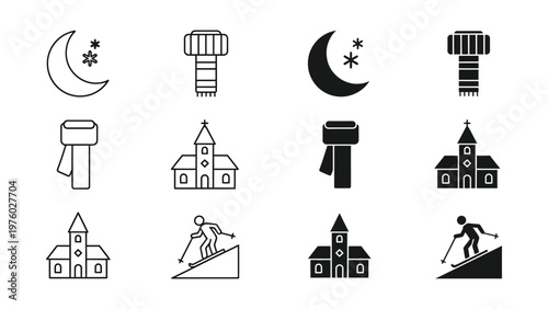 Winter Icons Collection: A curated set of minimalistic icons, capturing the essence of winter with elements. Illustrating the enchantment of winter and the festive feeling. 