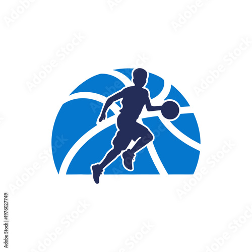 A blue semicircular graphic with a dark silhouette of a young boy dribbling a basketball
