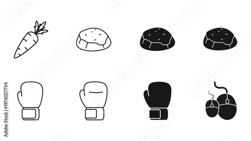 Food and Sport Icons: A collection of meticulously crafted icons showcasing the juxtaposition of nourishment and athleticism, including a vibrant carrot, succulent meat cuts, a boxing glove.