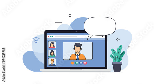 Online video conference call on laptop screen with host and participant profile icons for remote business communication.