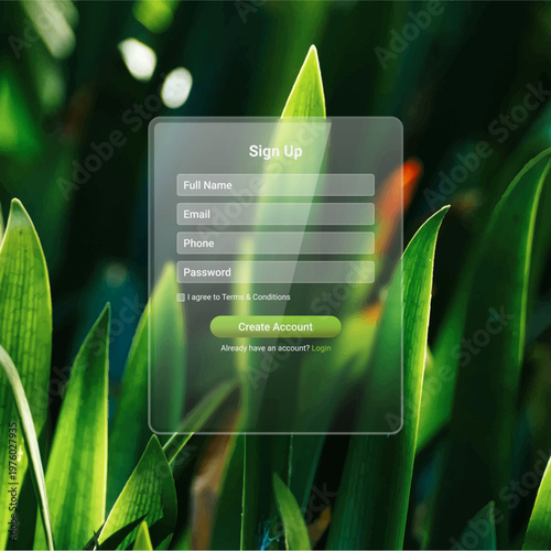 Modern glassmorphism sign up form UI on nature green leaf background