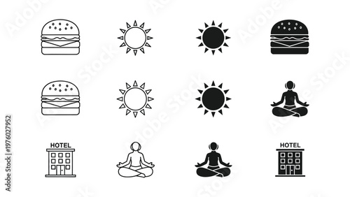 Holistic Wellness Icons: A set of simple yet illustrative icons symbolizing balance, encompassing nutrition, mindfulness, and the embracing of sunlight and restful lodging.