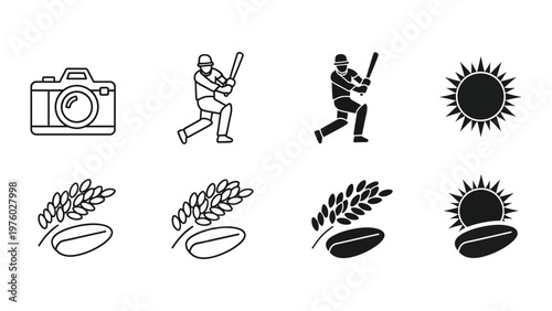 Versatile Icon Collection: A comprehensive compilation of icons for sports, photography, food, and the sun, perfect for digital design, highlighting diverse themes. 