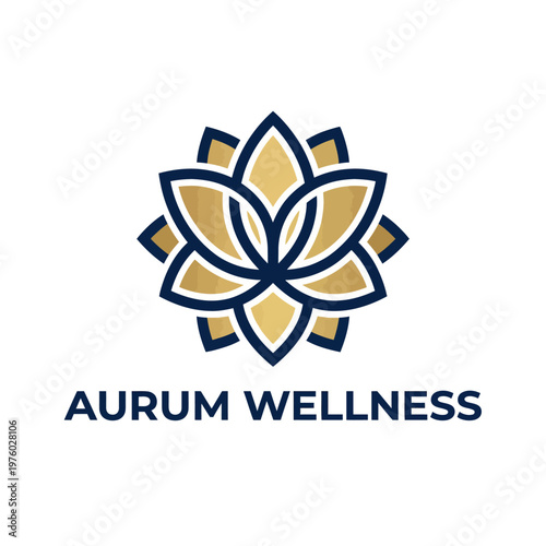 Gold and blue lotus flower logo for wellness. Elegant design with clean lines and negative space, representing purity and balance for modern brands